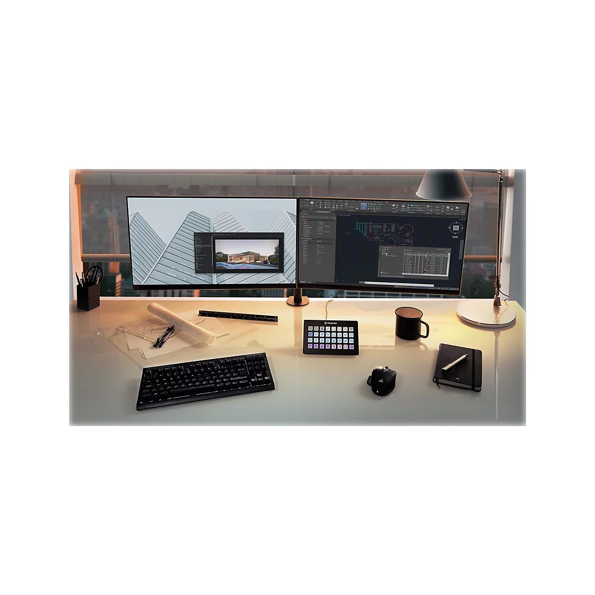 Ein Arbeitsplatz mit zwei Monitoren. Auf dem Tisch liegen Tastatur, Maus, Notizbuch, Stift und ein Tablett.