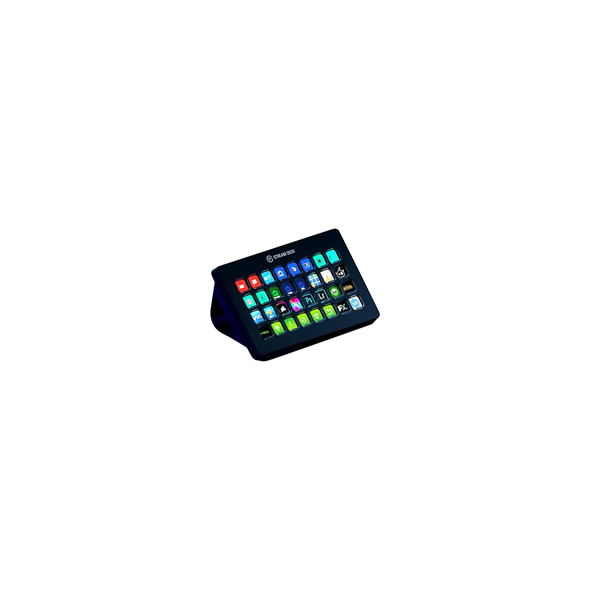 Schwarzes Stream Deck mit beleuchteten Tasten, die verschiedene Apps und Funktionen symbolisieren.