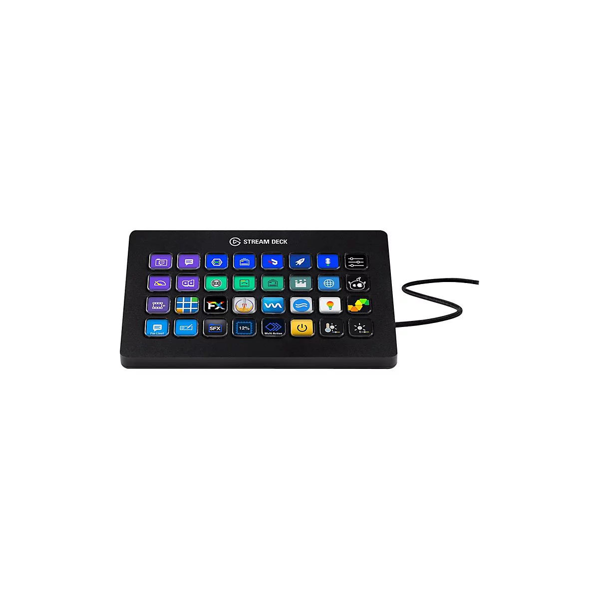 Schwarzes Stream Deck mit beleuchteten Tasten und Kabel.