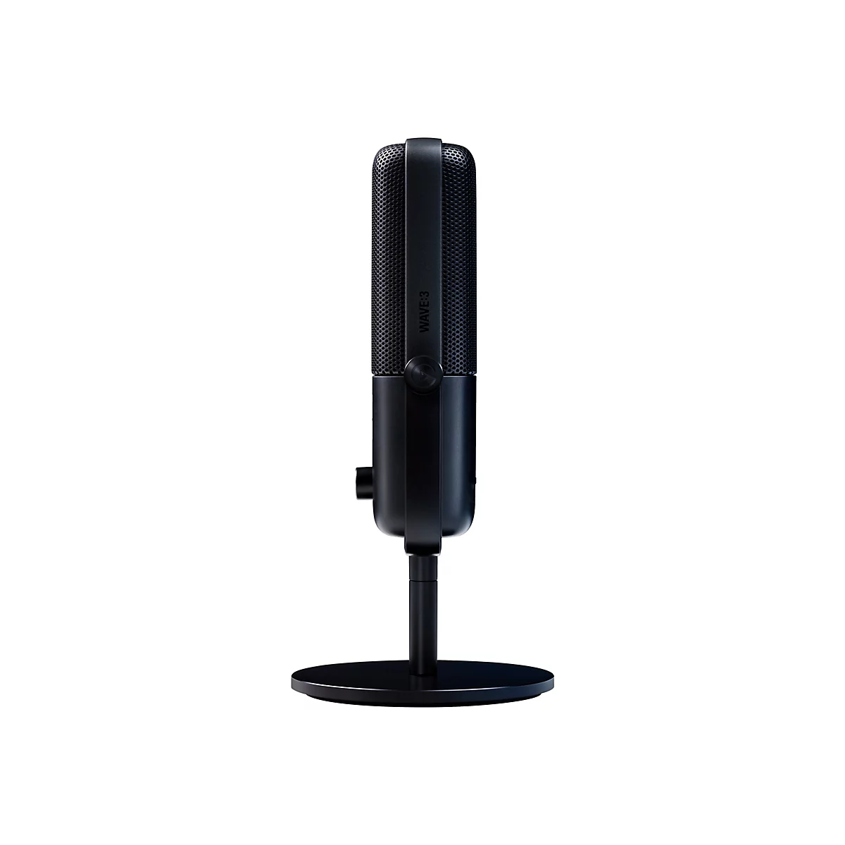 Microphone noir sur pied, lettrage Wave 3, motif perforé.