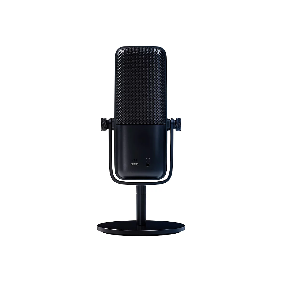 Microphone noir avec base ronde et tête en mesh ; prise USB et casque.