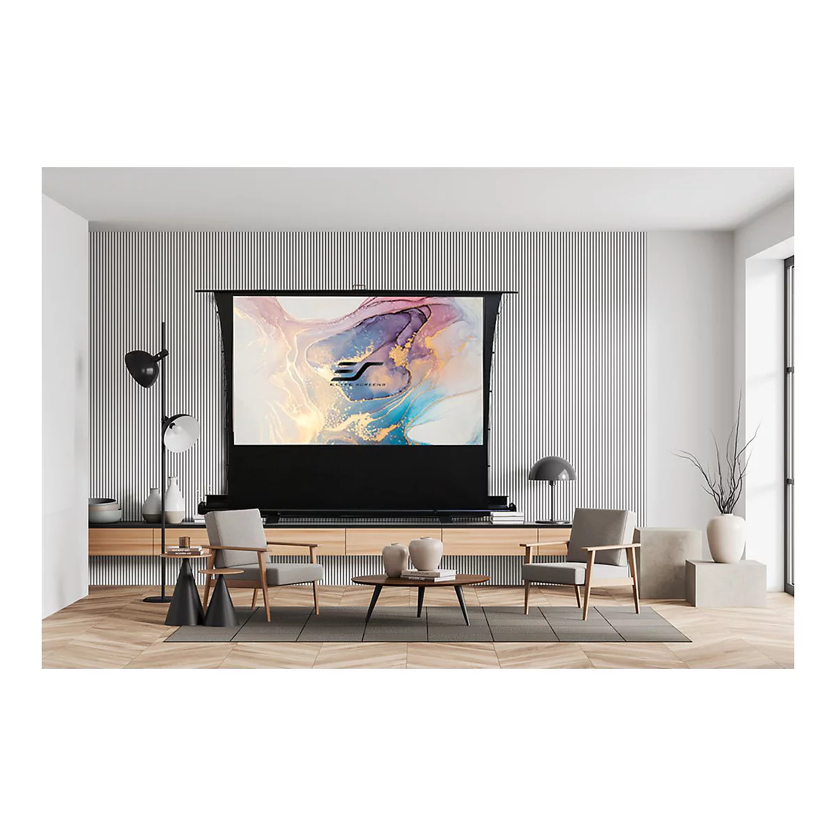 Elite Screens ezCinema Tab-Tension Series - Projektionsschirm mit Bodenständer - bodenstehend - 203 cm (80') - 16:9 - Matte White, MaxWhite 2
