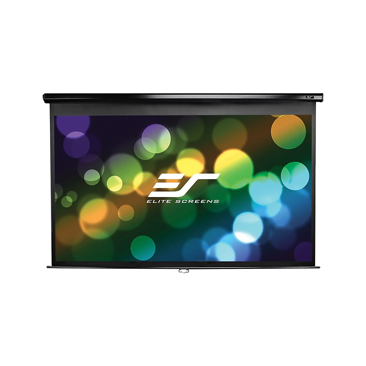 Leinwand mit Logo Elite Screens vor Bokeh-Hintergrund. Schwarzer Rahmen, helles Logo.