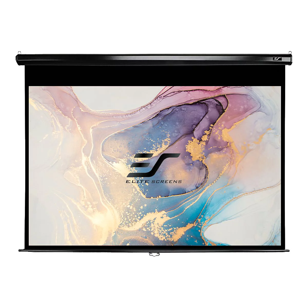 Elektrische Leinwand mit farbenfrohem, abstraktem Muster und dem Logo 'Elite Screens'.