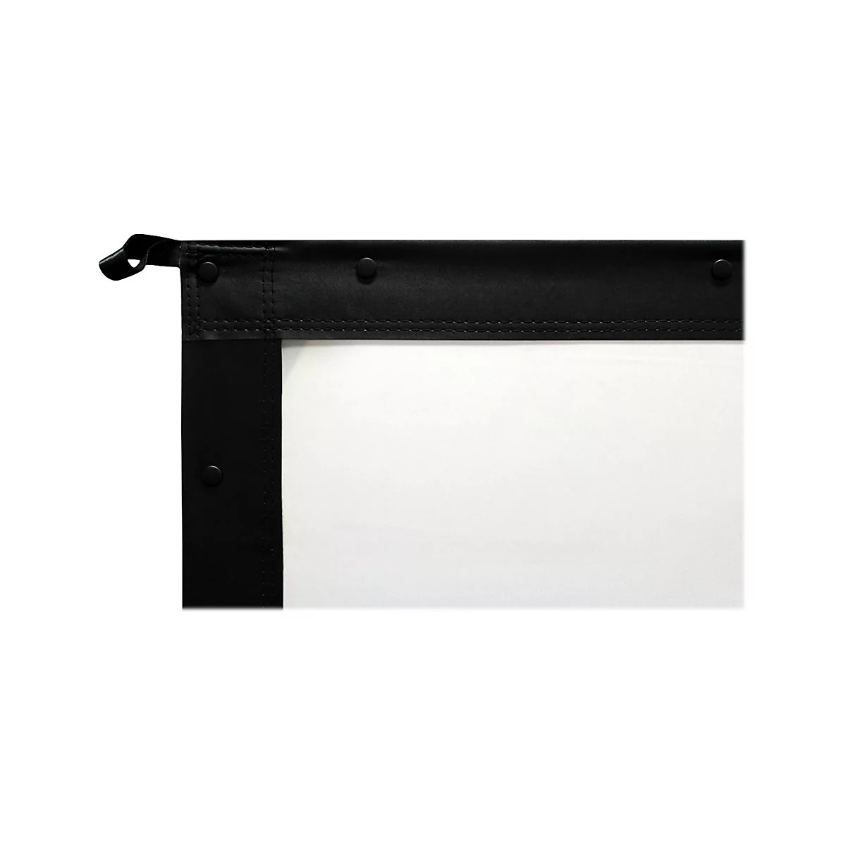 Detailaufnahme einer Projektionsleinwand. Schwarzer Rahmen mit Nieten an weiÃŸer Leinwand.