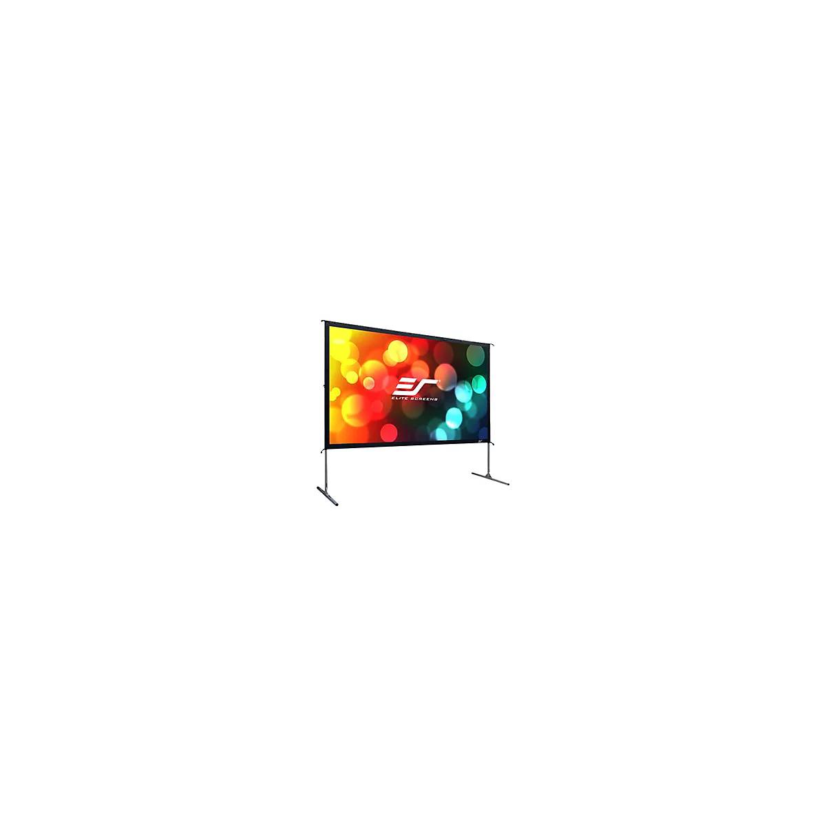 GroÃŸe, schwarze Leinwand mit buntem Bokeh-Hintergrund. Das Elite Screens-Logo ist mittig platziert.