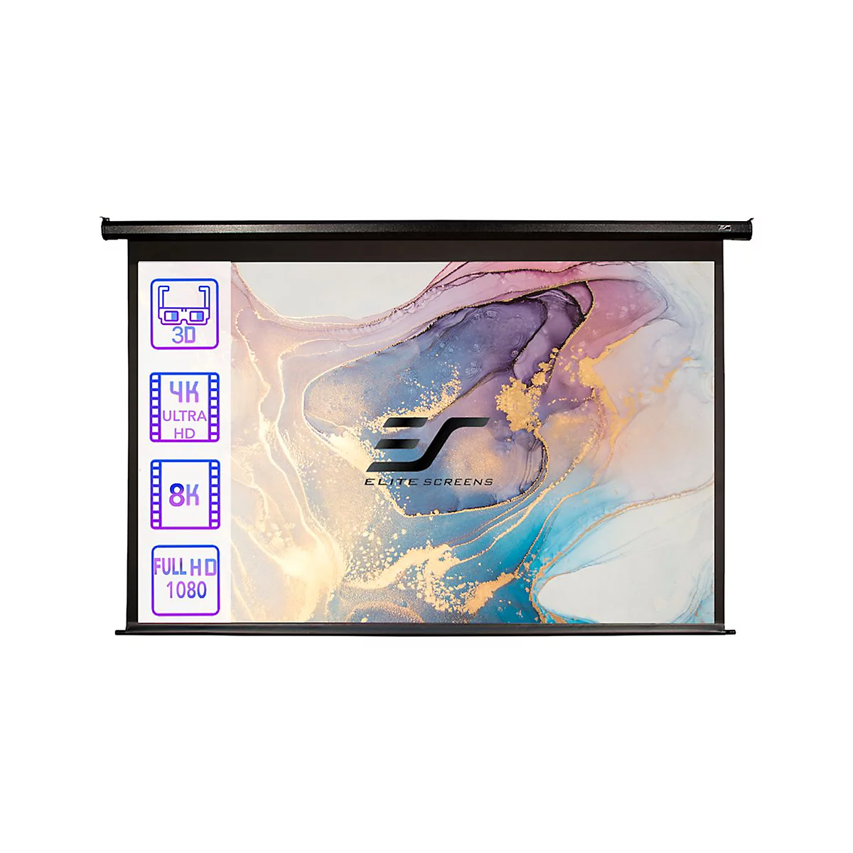 Elektrische Leinwand von Elite Screens. Abgebildet sind Logos fÃ¼r 3D, 4K, 8K und Full HD. Der Hintergrund zeigt einen abstrakten bunten Wasserfarben-Effekt.