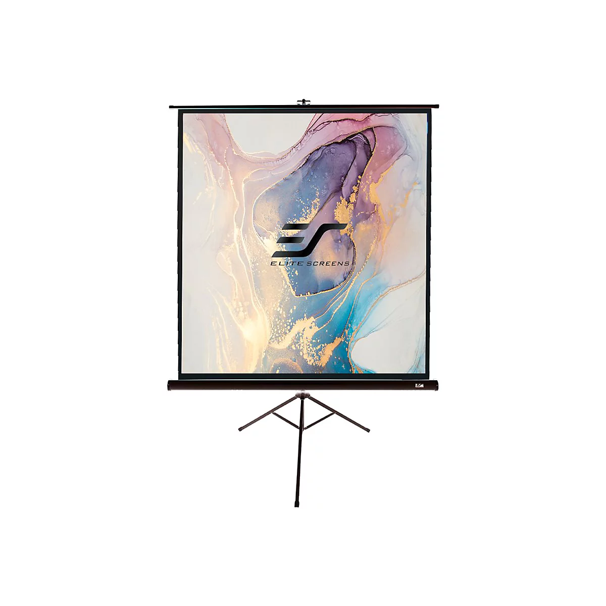 Ein Projektor-Leinwand mit Dreibein-StÃ¤nder, die Leinwand zeigt ein abstraktes Design. Das Logo Elite Screens ist zu sehen.