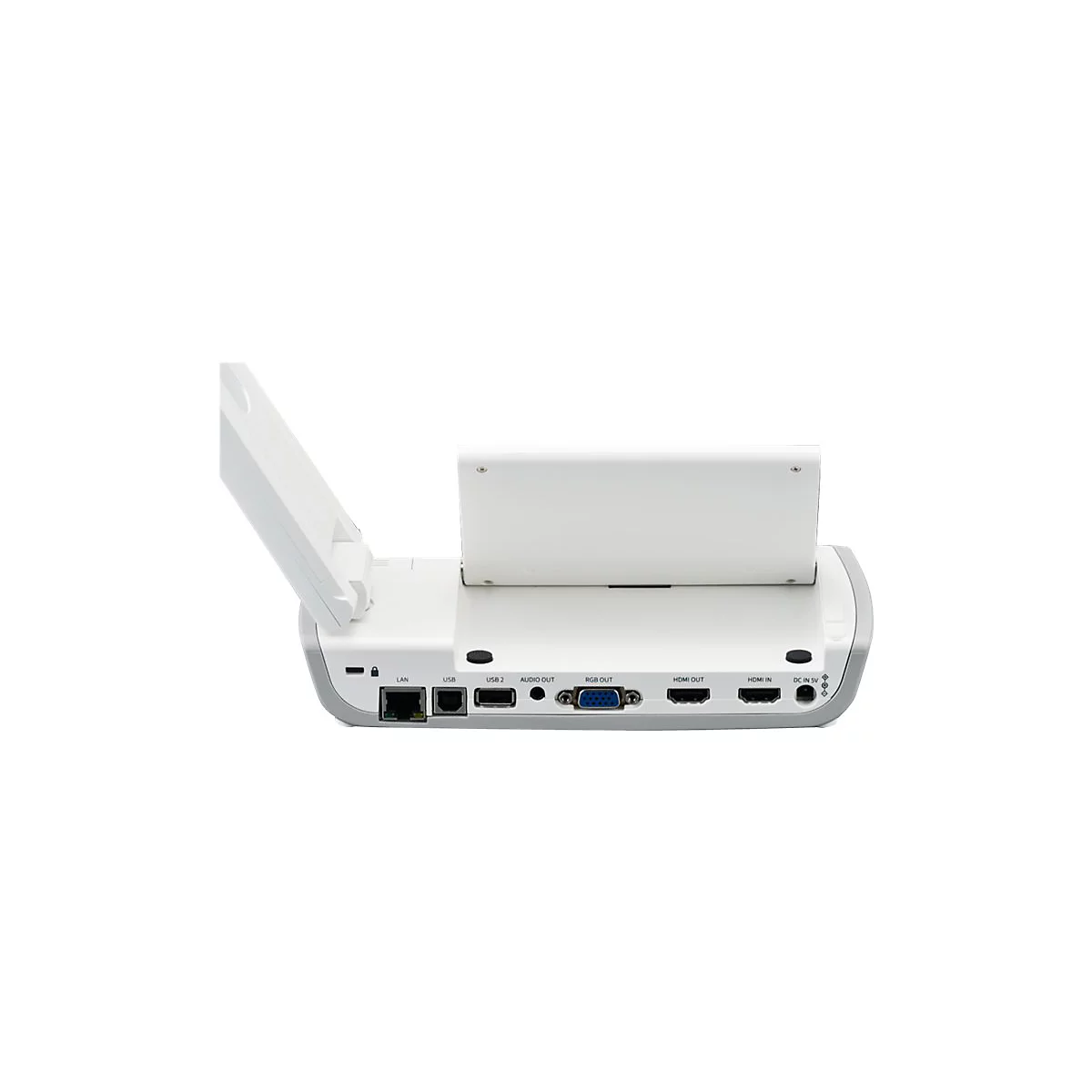 Nahaufnahme der RÃ¼ckseite eines weiÃŸen PrÃ¤sentationsgerÃ¤ts mit verschiedenen AnschlÃ¼ssen, darunter HDMI und USB.
