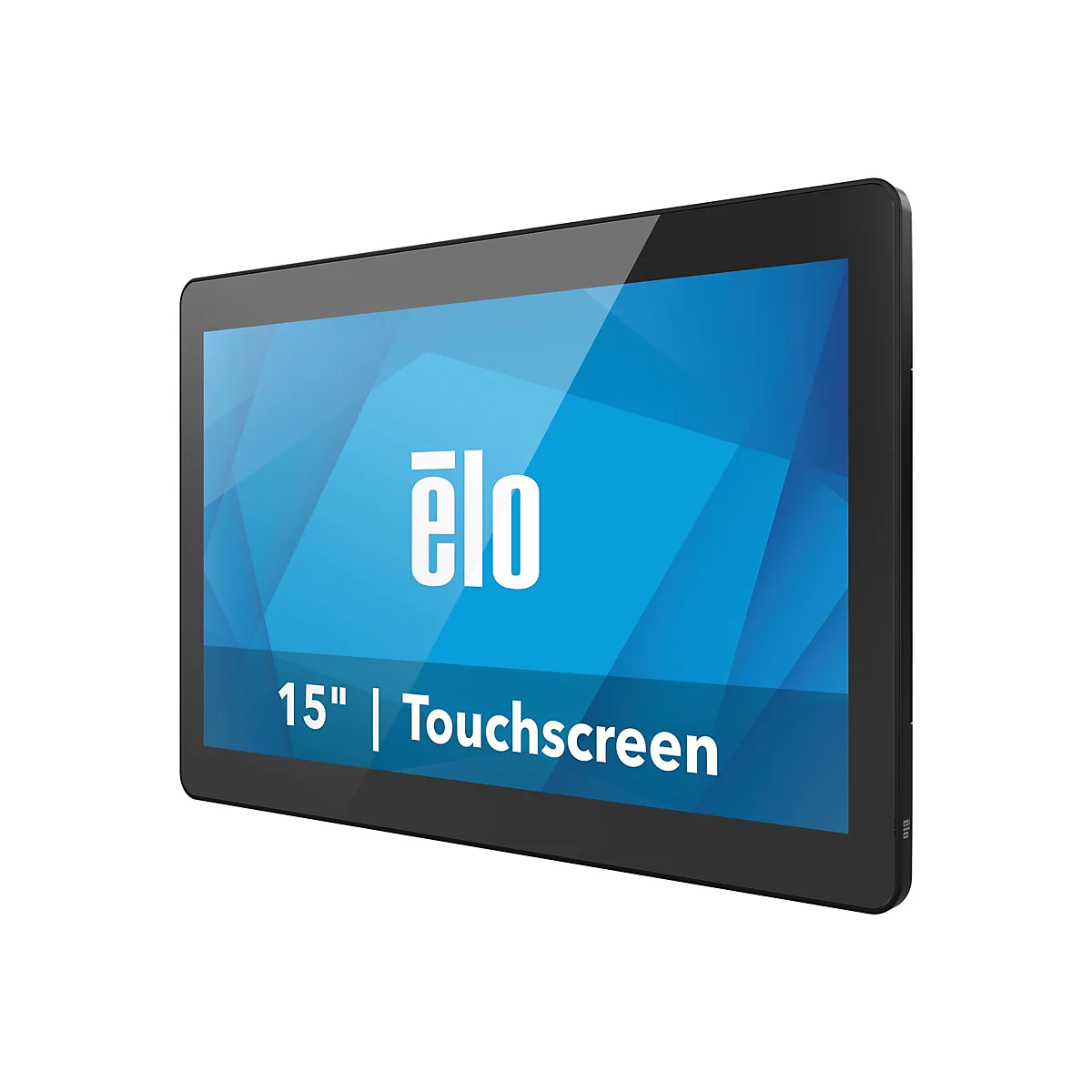 Schwarzer 15-Zoll-Touchscreen-Monitor mit blauem Hintergrund, Logo 'elo' und Text '15" | Touchscreen'.