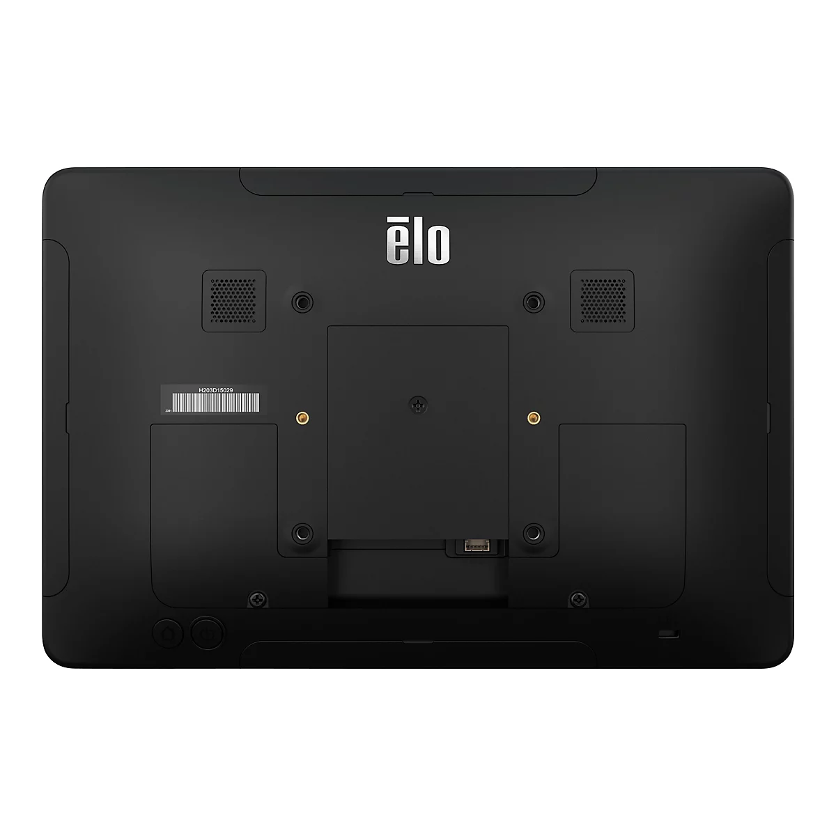 Die RÃ¼ckseite eines schwarzen Elo-Touchscreens. Oben mittig steht in Silber der Markenname. Rechts und links befinden sich Lautsprecher.