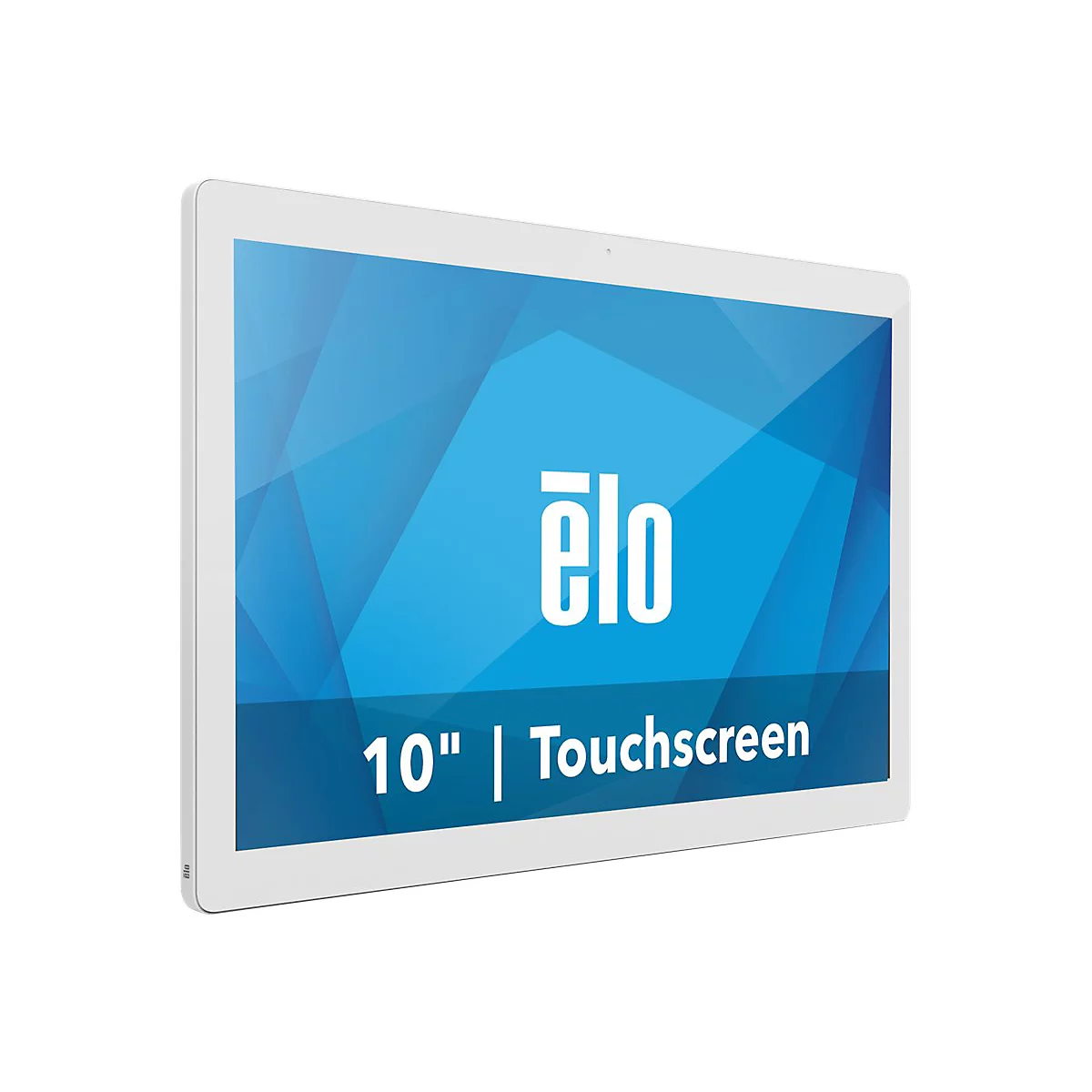 Weißes Tablet mit blauem Bildschirm, Elo Logo, 10" Touchscreen.