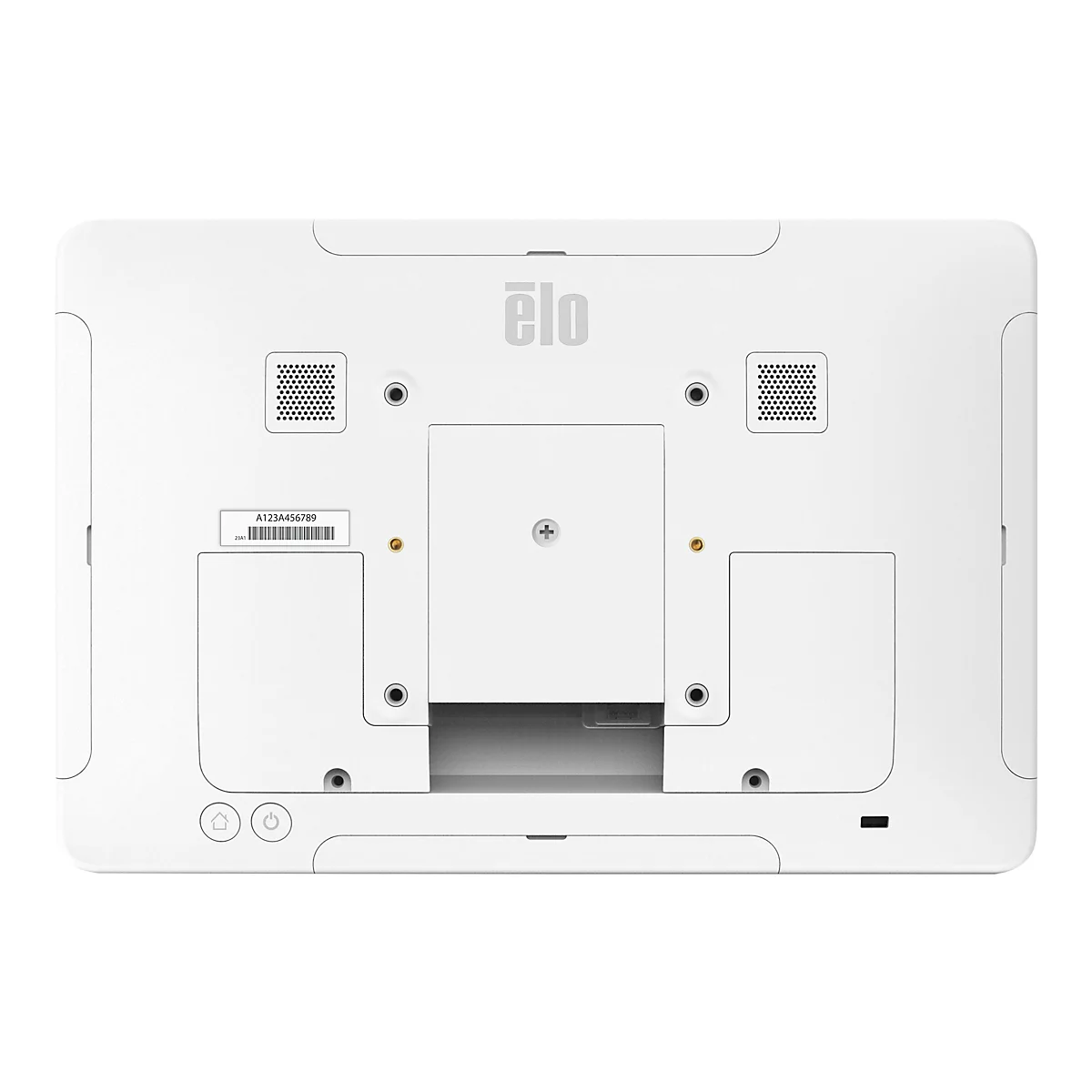 Rückseite eines weißen Elo-Touchscreens mit Logo. Details: Lautsprecheröffnungen, Barcode-Aufkleber, Anschlüsse.