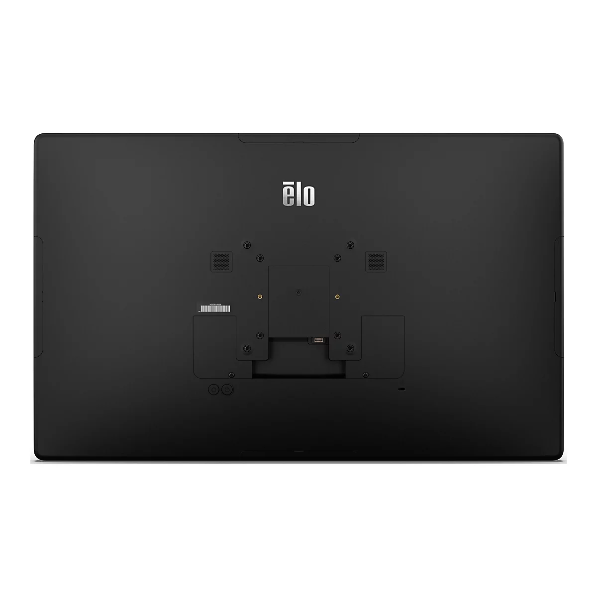 Rückseite eines schwarzen Touchscreens. Elo-Logo oben, Anschlüsse und Knöpfe unten. Das Gerät hat abgerundete Ecken.