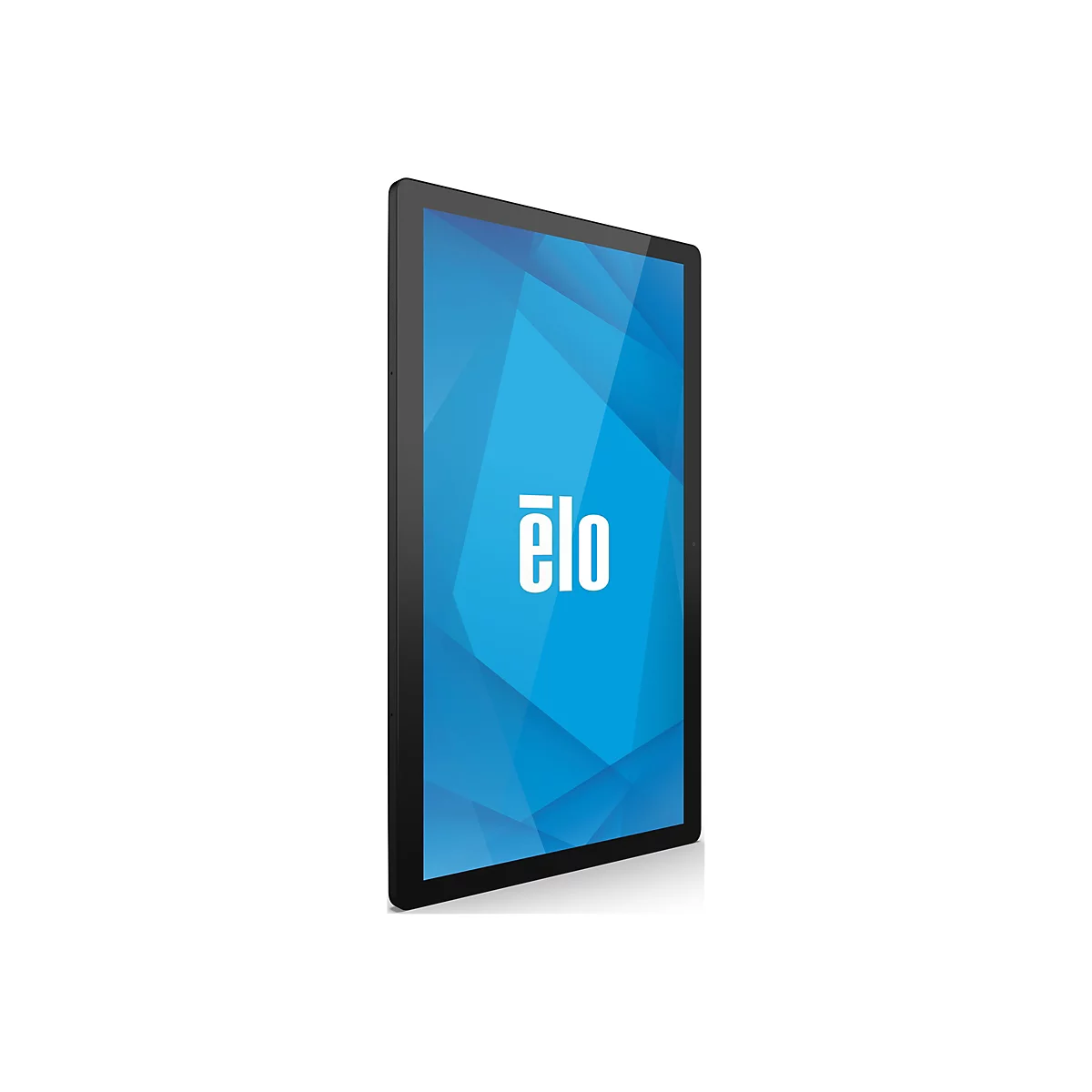 Schwarzes Tablet mit blauem Bildschirm und weißem 'elo'-Logo. Auf weißem Hintergrund.