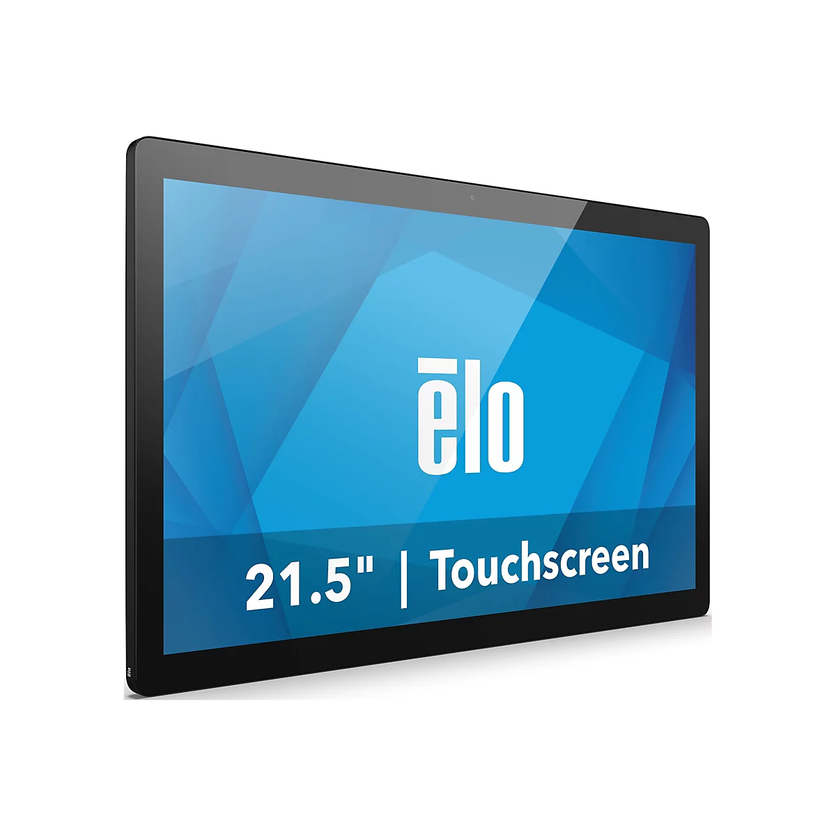 Ein schwarzes 21,5 Zoll Touchscreen Tablet auf weißem Hintergrund. Auf dem Display sind Logo und Eigenschaften des Produkts zu sehen.