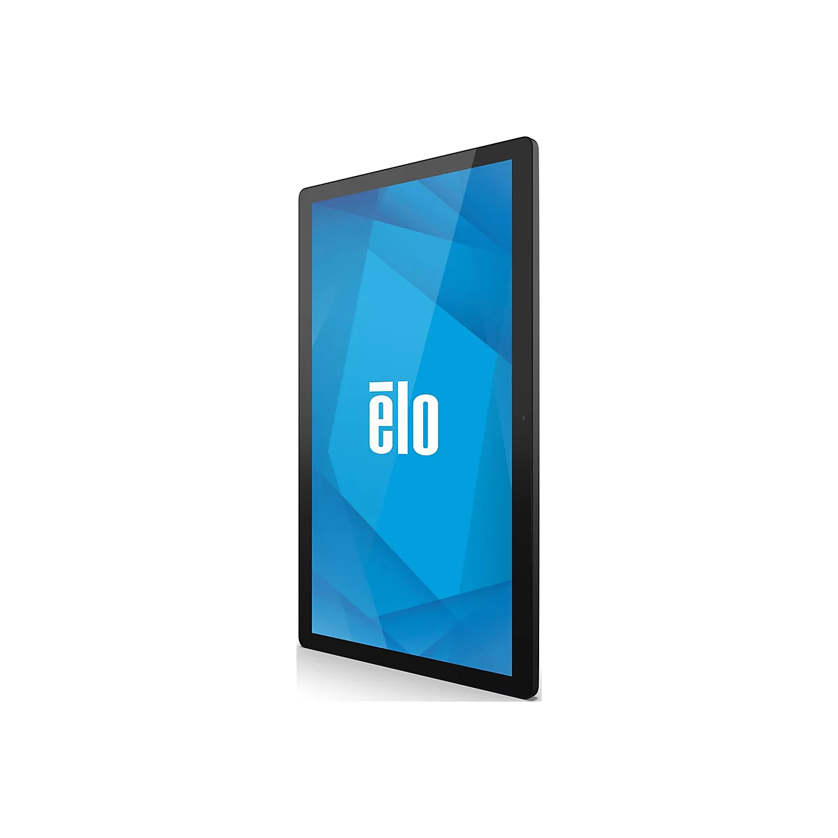 Ein schwarzes Tablet im Profil vor weißem Hintergrund. Auf dem Display ist das Logo "ëlo" auf blauem geometrischen Hintergrund zu sehen.