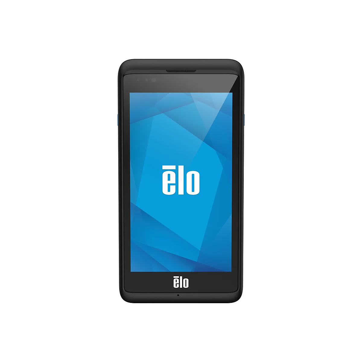 Schwarzes Tablet mit blauem Bildschirm, auf dem das Elo-Logo steht.