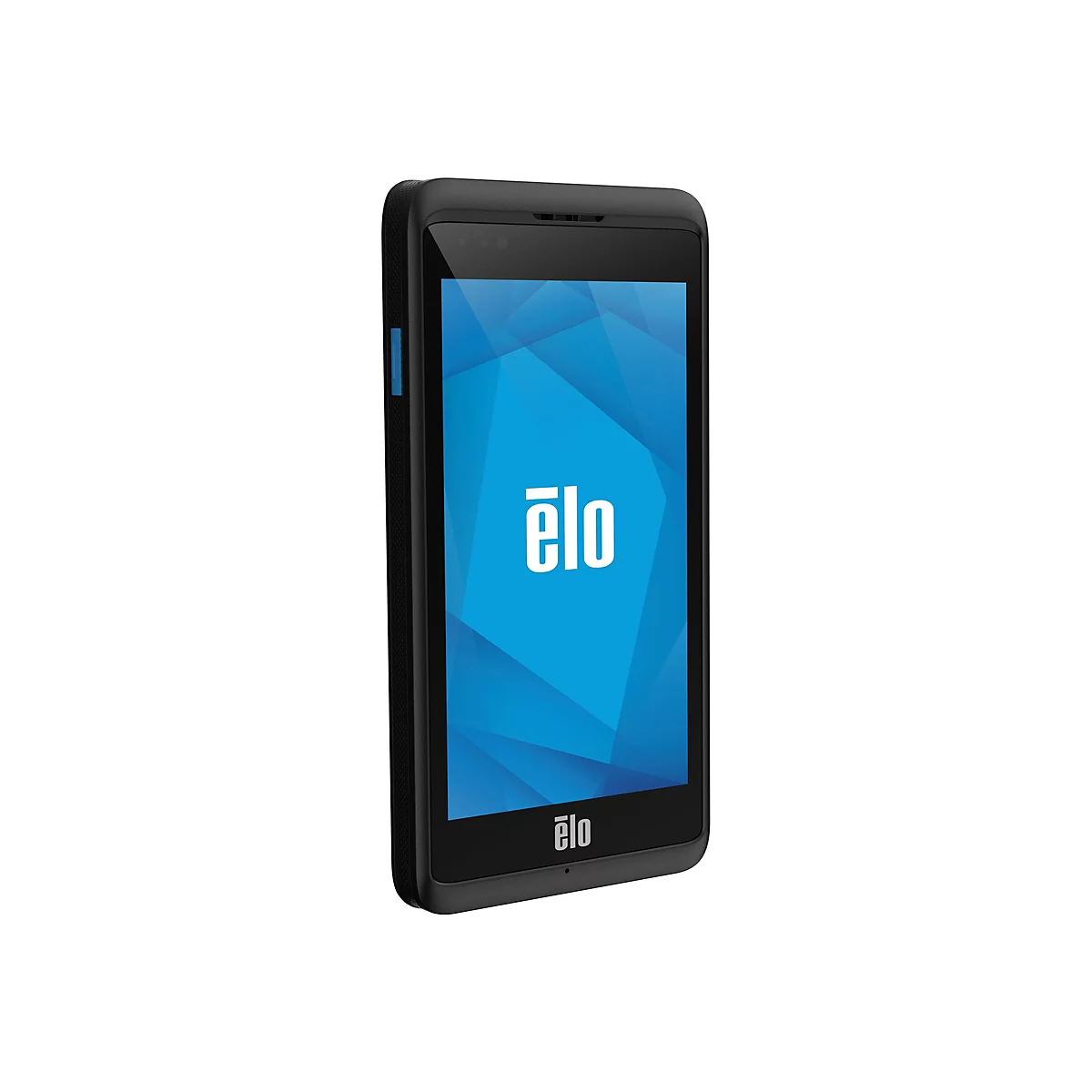 Schwarzes Smartphone mit blauem Bildschirm, Ä“lo-Logo. Vor weiÃŸem Hintergrund.