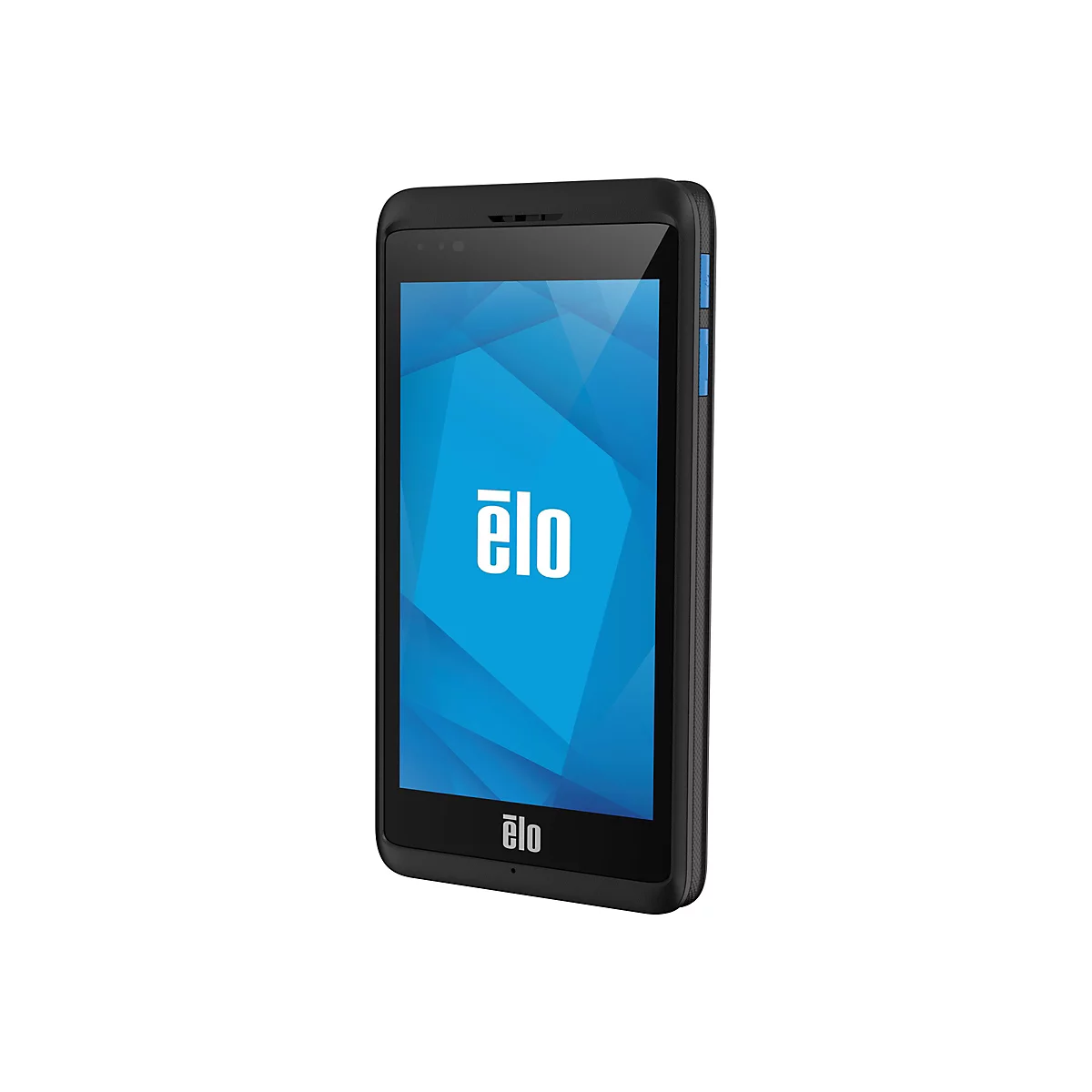 Schwarzes Tablet mit blauem Bildschirm, darauf das Wort elo in weiÃŸ. GerÃ¤t leicht geneigt.