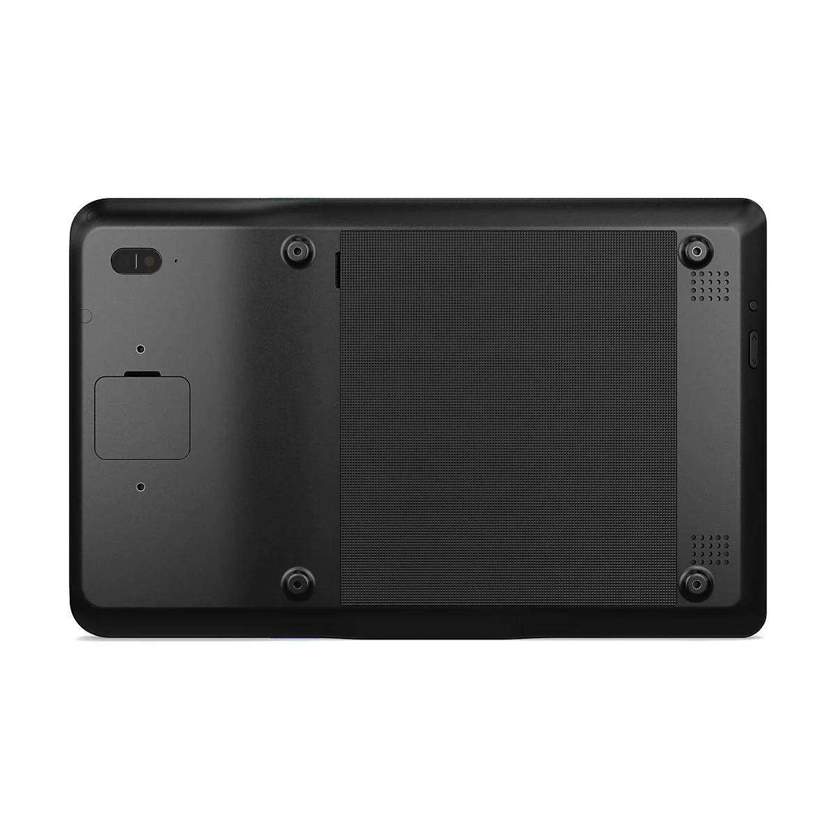 Vue de l'arrière d'une tablette noire. Divers éléments comme l'appareil photo, les ports et les ouvertures des haut-parleurs sont visibles sur la surface.