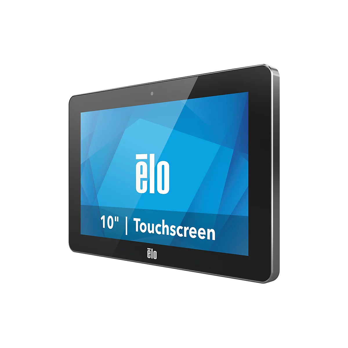 Tablette tactile noire avec un écran bleu. L'écran affiche le logo Elo et le texte 10" | Touchscreen.