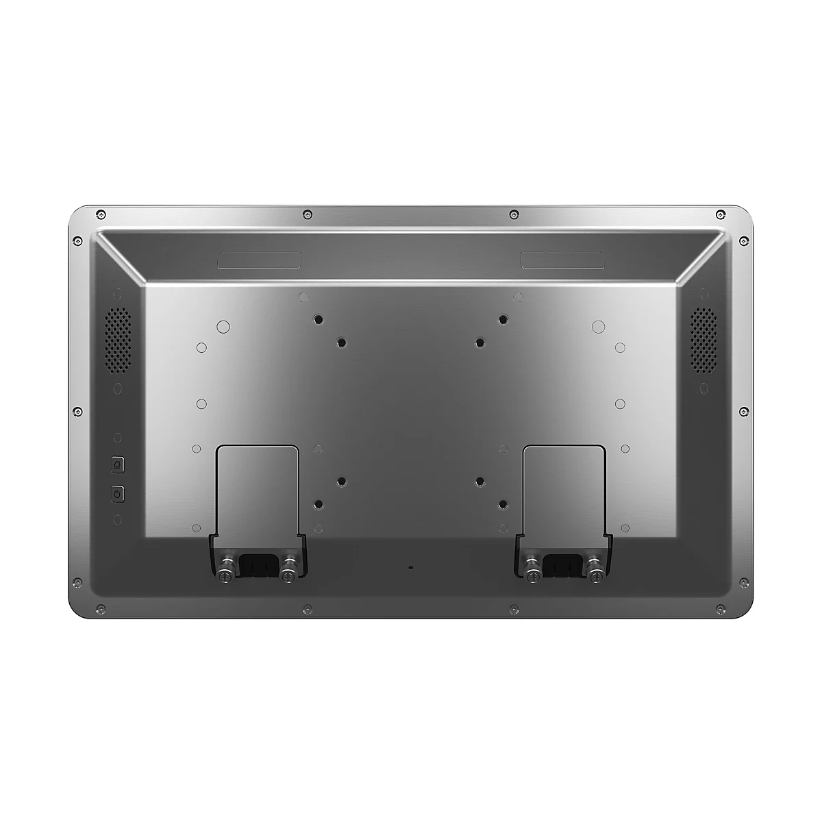 Arrière d'un moniteur argenté avec connecteurs, trous et vis.