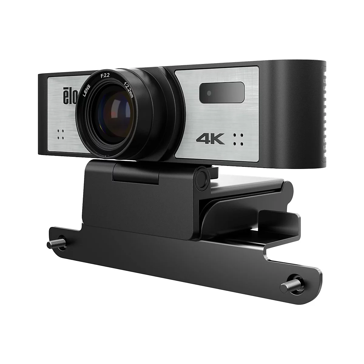 Une webcam noire avec objectif, panneau avant argenté et lettrage 4K. Elle est montée sur un support.
