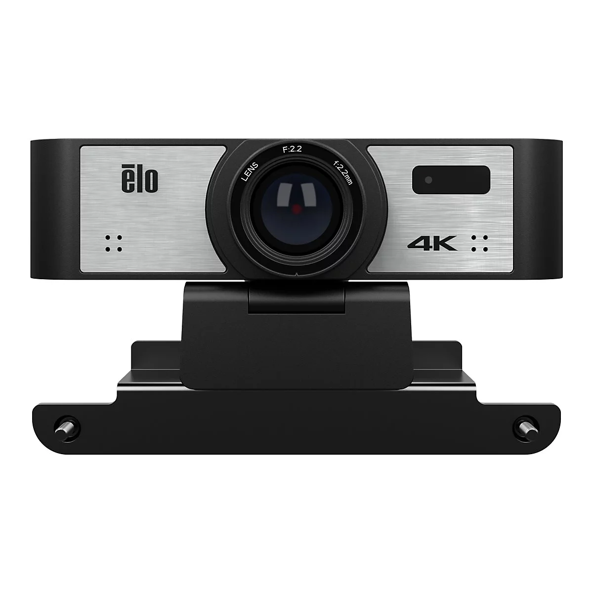 Une webcam noire avec un panneau avant argenté, une résolution 4K et le logo 'elo'.