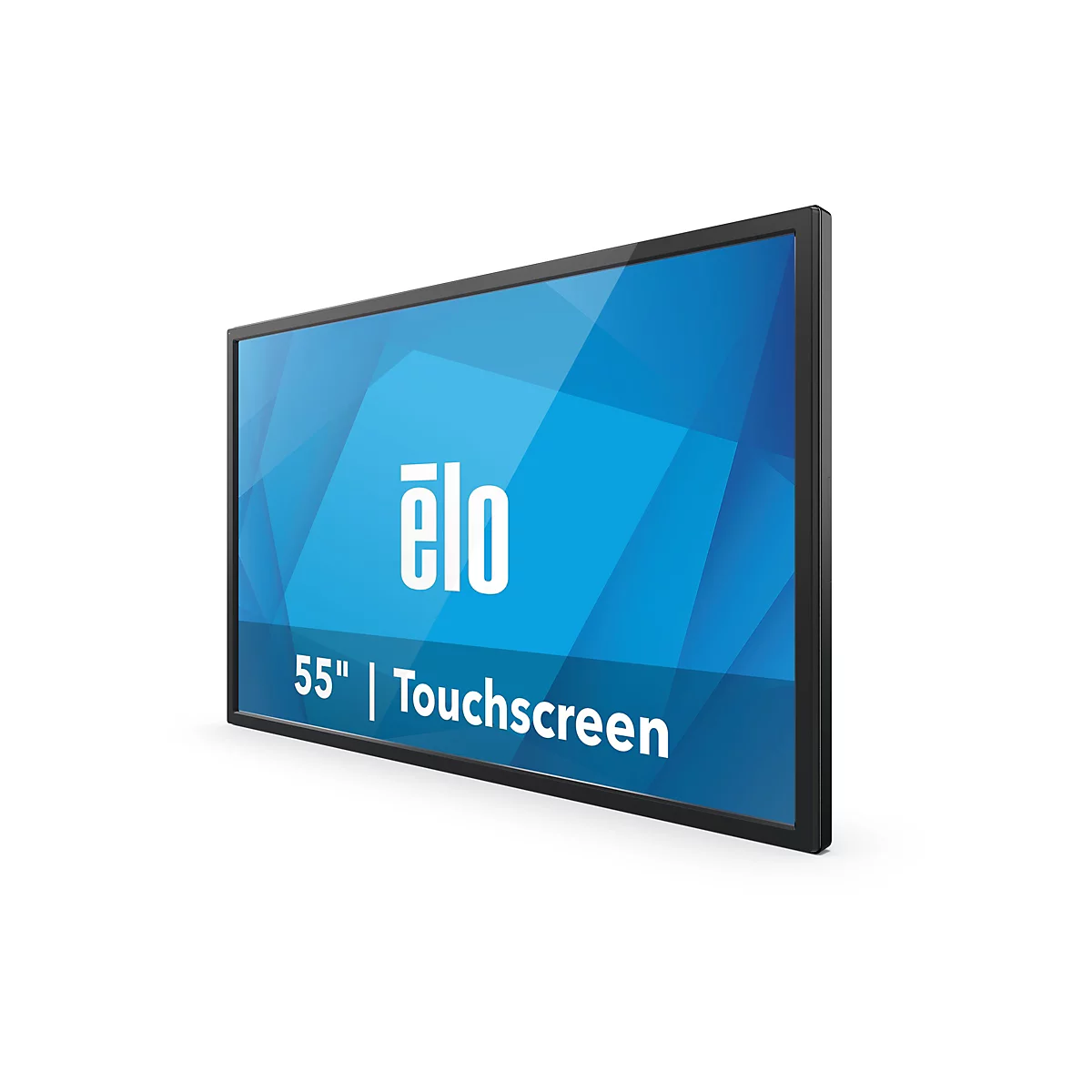 Un écran tactile Elo, légèrement incliné sur le côté, dans un espace vide. L'écran affiche le logo "elo", en dessous duquel est écrit "55" | Touchscreen".