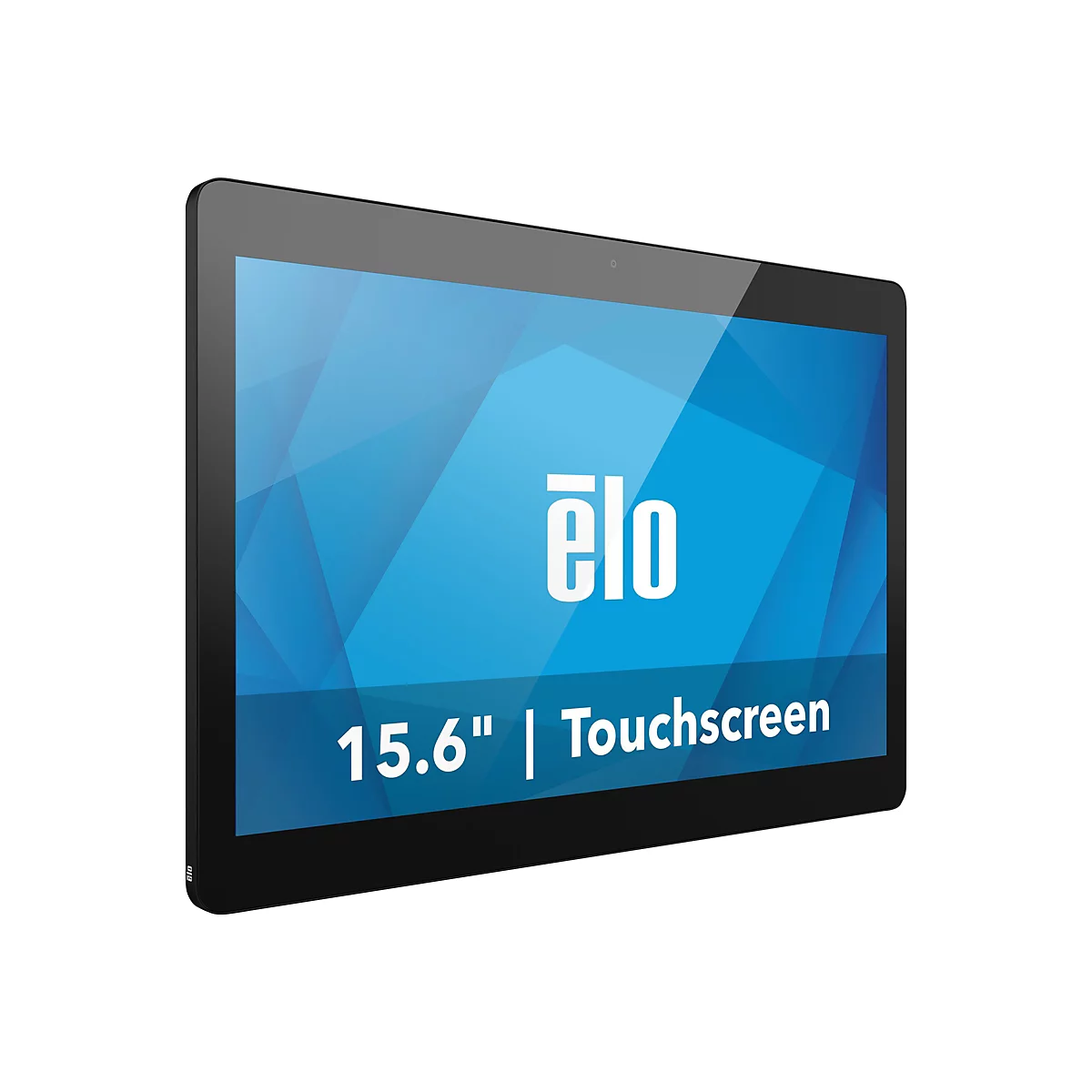 Un écran tactile noir avec un écran bleu, affichant le texte "ēlo 15.6" | Touchscreen".