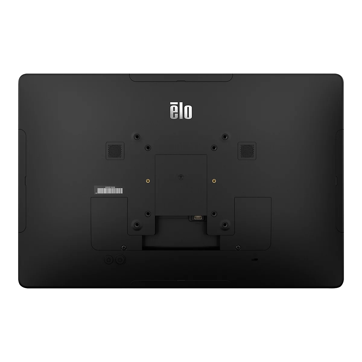 Arrière d'un écran tactile Elo noir avec logo, ports et trous de ventilation.