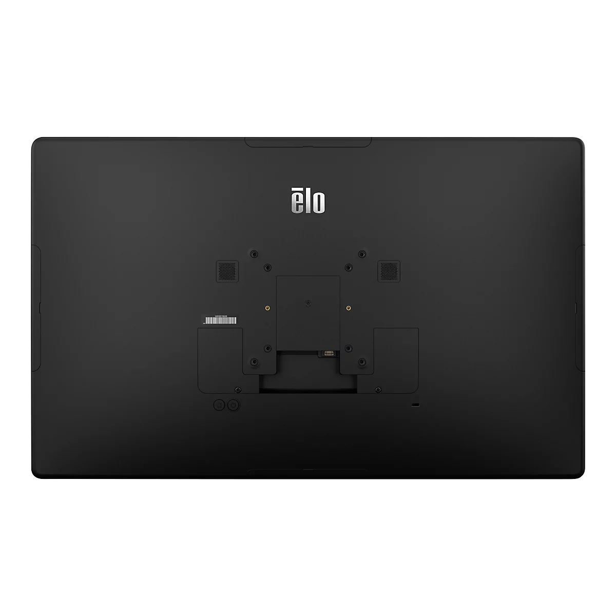 Arrière d'un écran tactile Elo noir, avec le logo Elo, des ports et des ouvertures de ventilation.