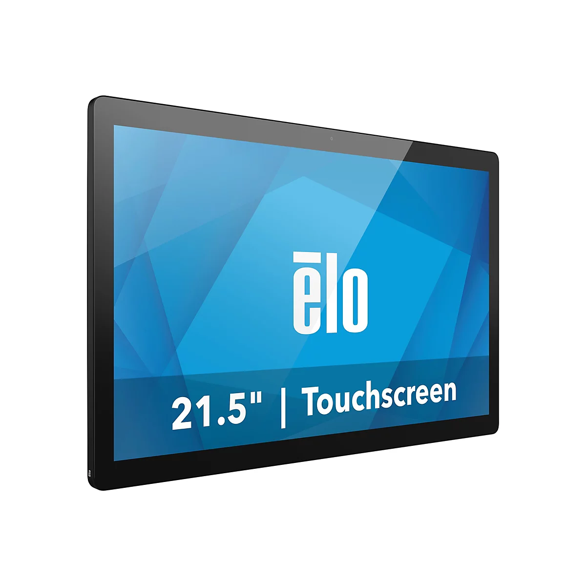 Un écran tactile noir avec l'inscription "elo" et la désignation "21.5" | Touchscreen". L'écran affiche un fond bleu.