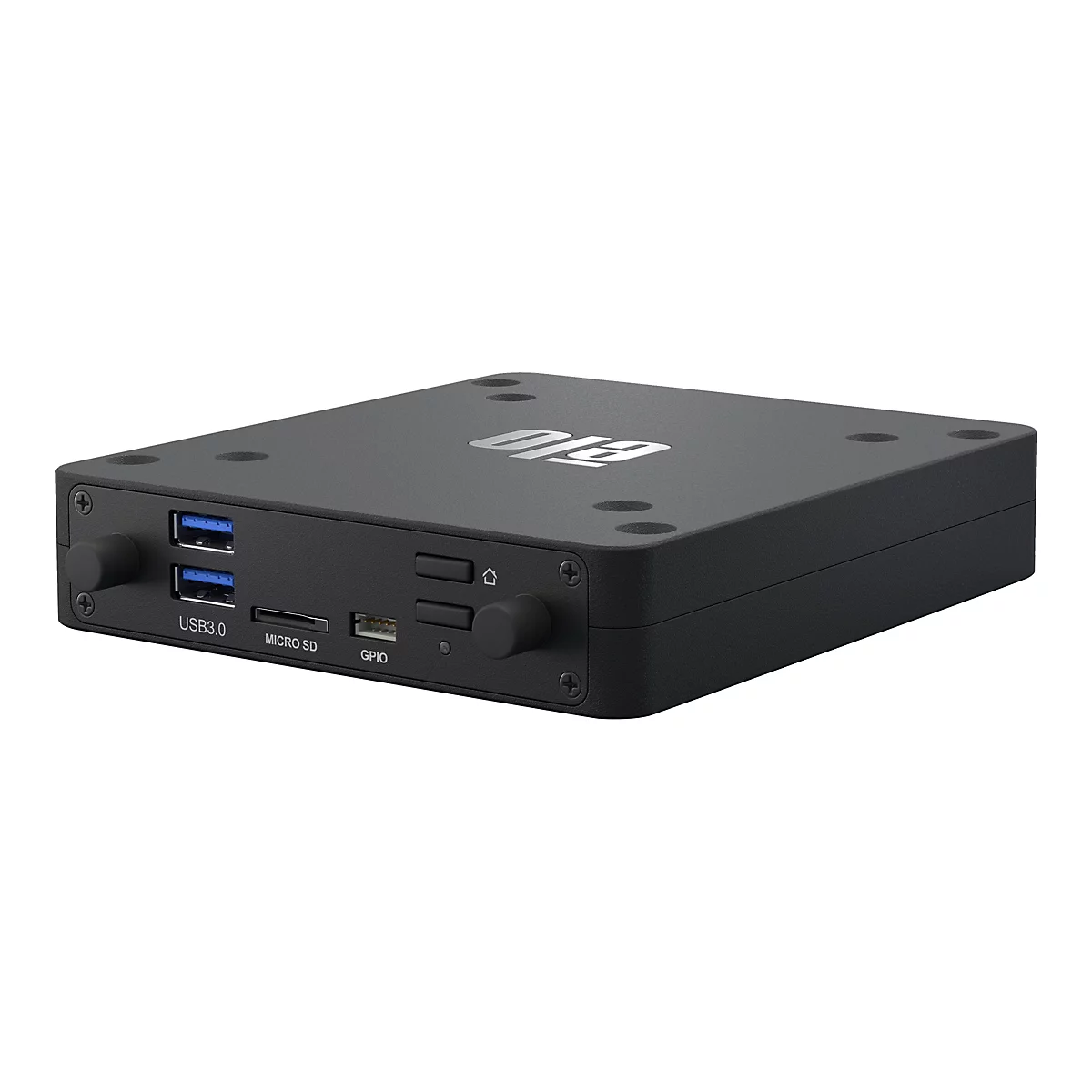 Appareil noir carré avec ports USB, logement Micro SD et logo.