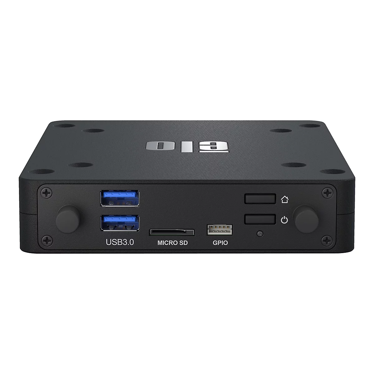 Boîtier électronique noir et rectangulaire. L'inscription "DIA" est en haut, en dessous des connexions USB 3.0, Micro SD et GPIO. Deux boutons, deux autres connexions et un bouton d'alimentation.