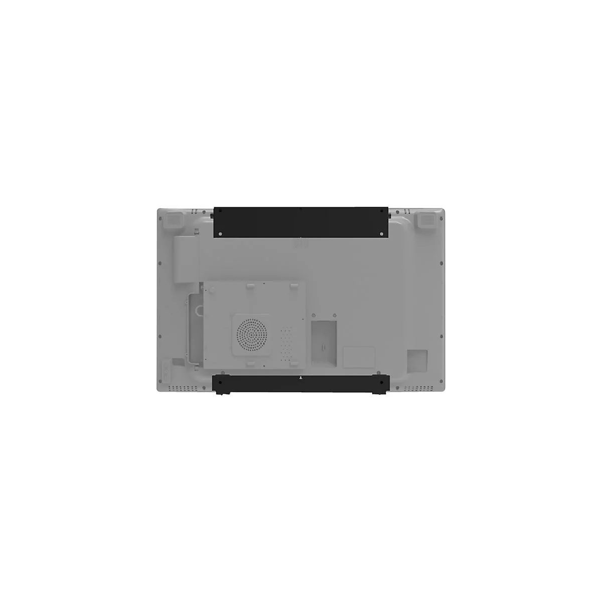 Arrière d'un écran blanc rectangulaire. Des supports noirs sont fixés en haut et en bas.