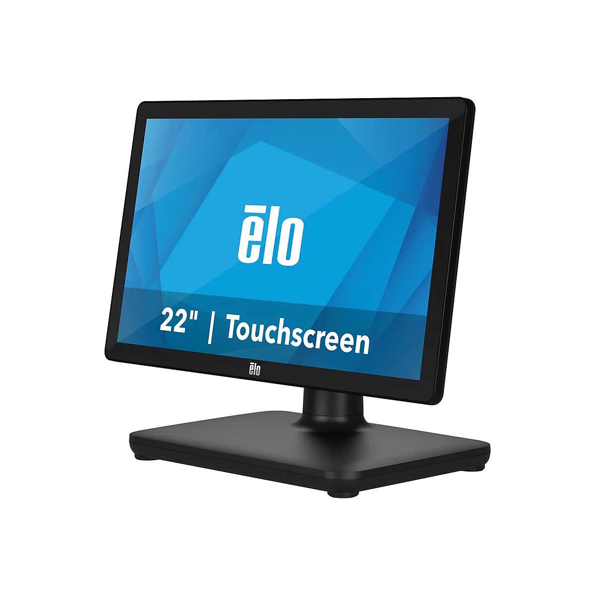Moniteur à écran tactile noir avec le logo "elo" et les mots "22" | Écran tactile" sur fond bleu.