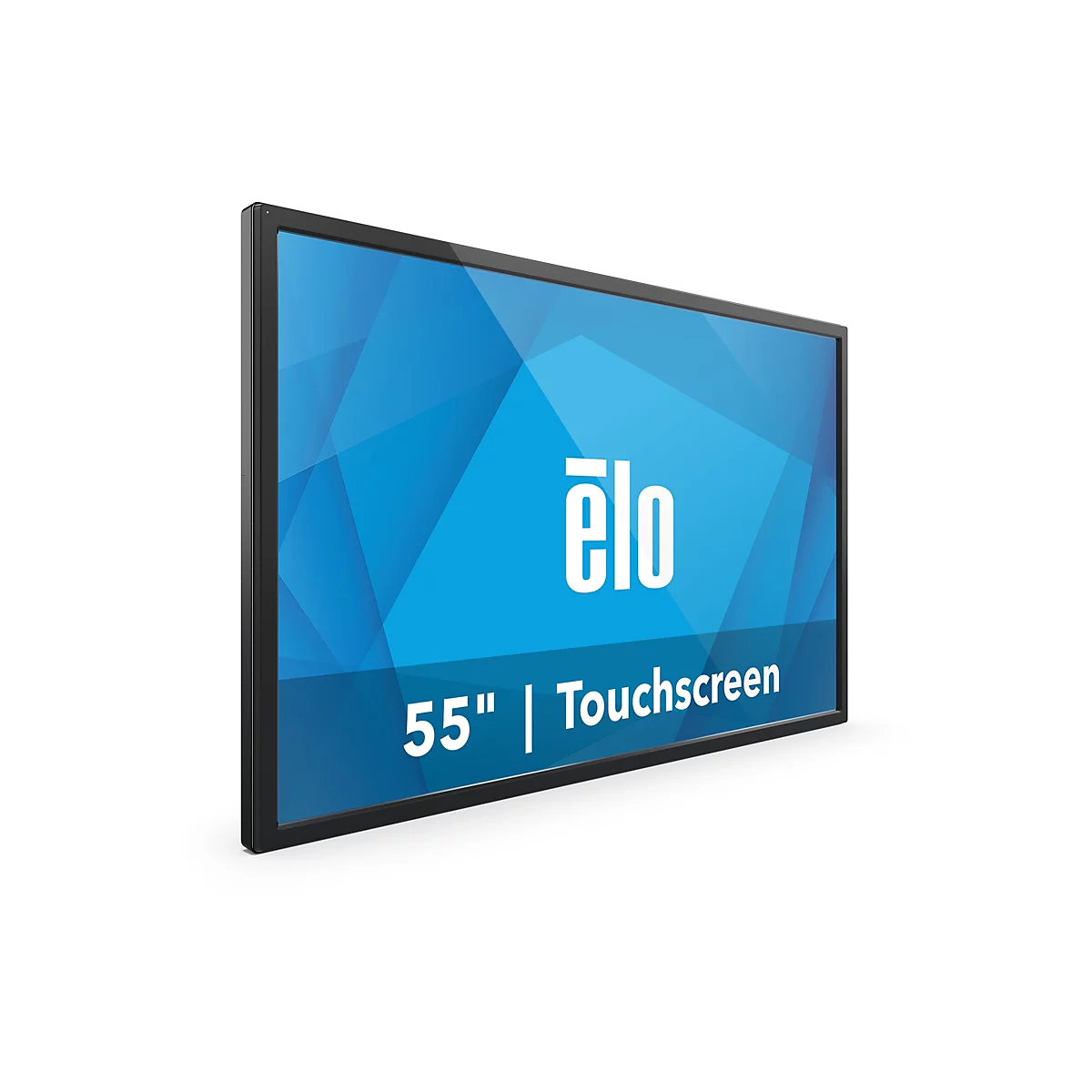 Ein 55-Zoll-Touchscreen-Monitor von Elo vor weißem Hintergrund. Der Bildschirm zeigt blaues geometrisches Muster mit Logo und Schriftzug.