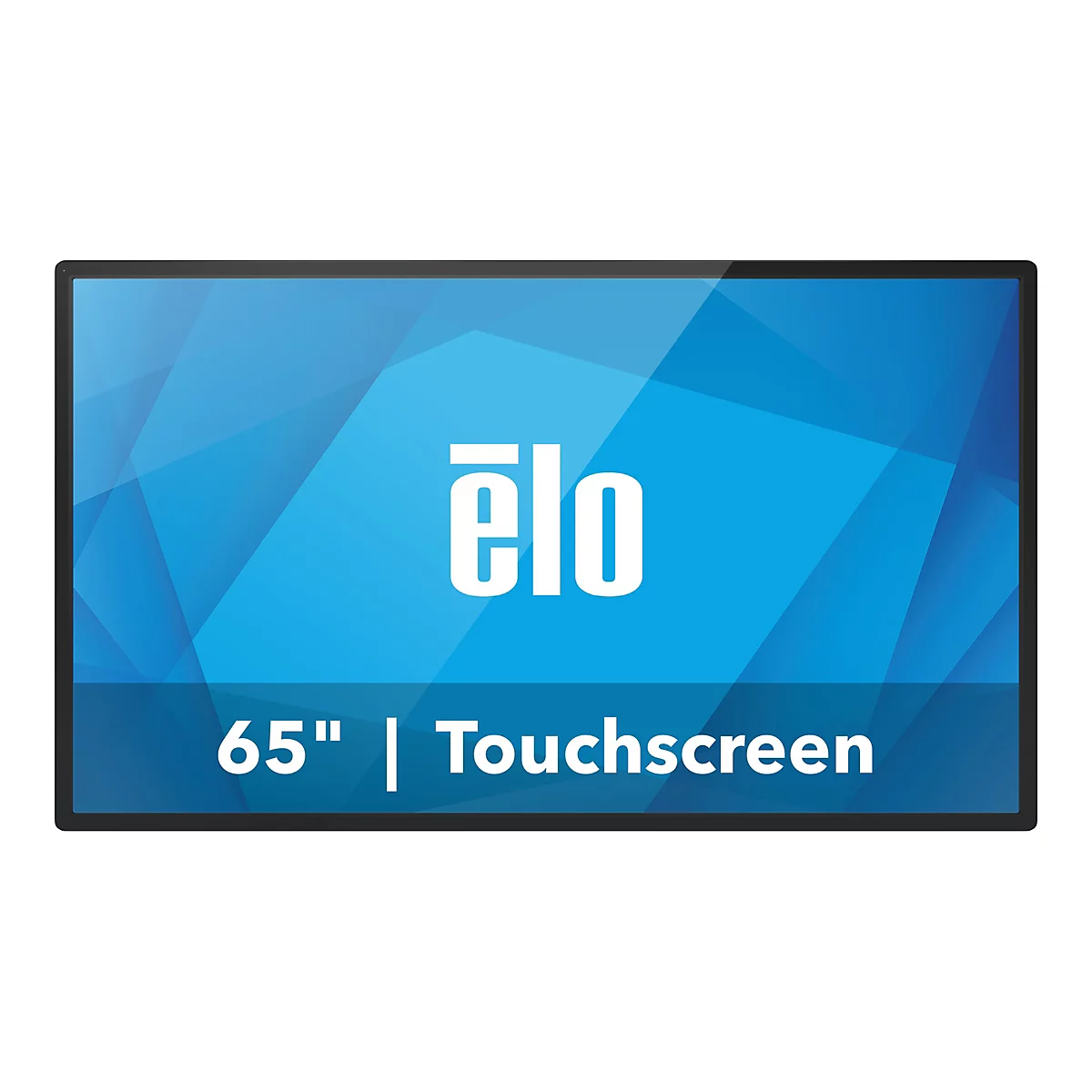Ein rechteckiger, schwarzer Touchscreen-Monitor mit dem Elo-Logo und der Aufschrift "65" | Touchscreen" vor blauem Hintergrund.