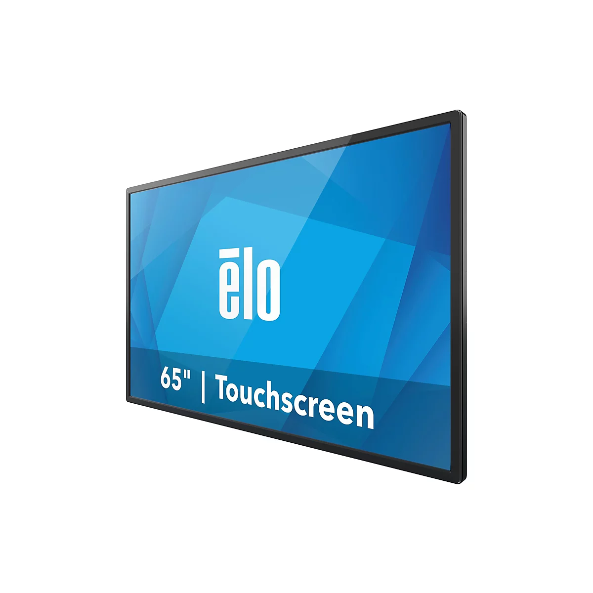 Schwarz gerahmter Touchscreen mit blauem Hintergrund. Logo "elo" und Text "65" Touchscreen".