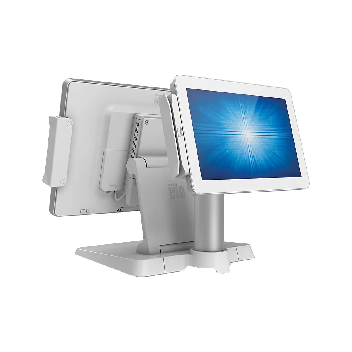 Hellgraues POS-Terminal, zwei Bildschirme, einer zeigt blaues Lichtmuster. Elo-Logo.