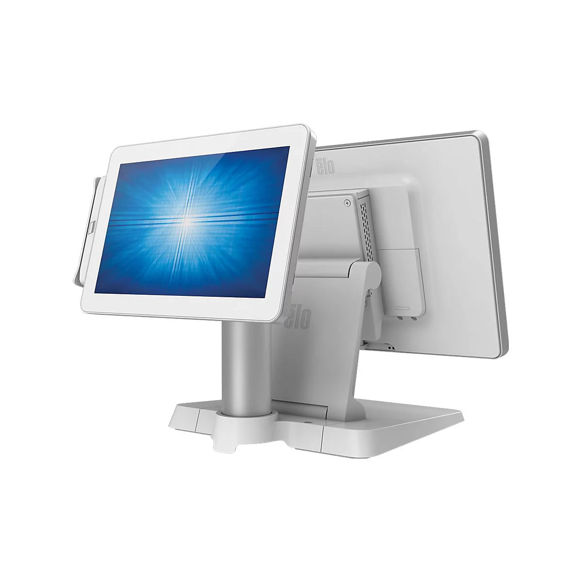 Ein graues Touchscreen-Terminal mit Display, auf dem ein blauer Hintergrund mit hellem Lichtstrahl zu sehen ist. Aufschrift „elo“.