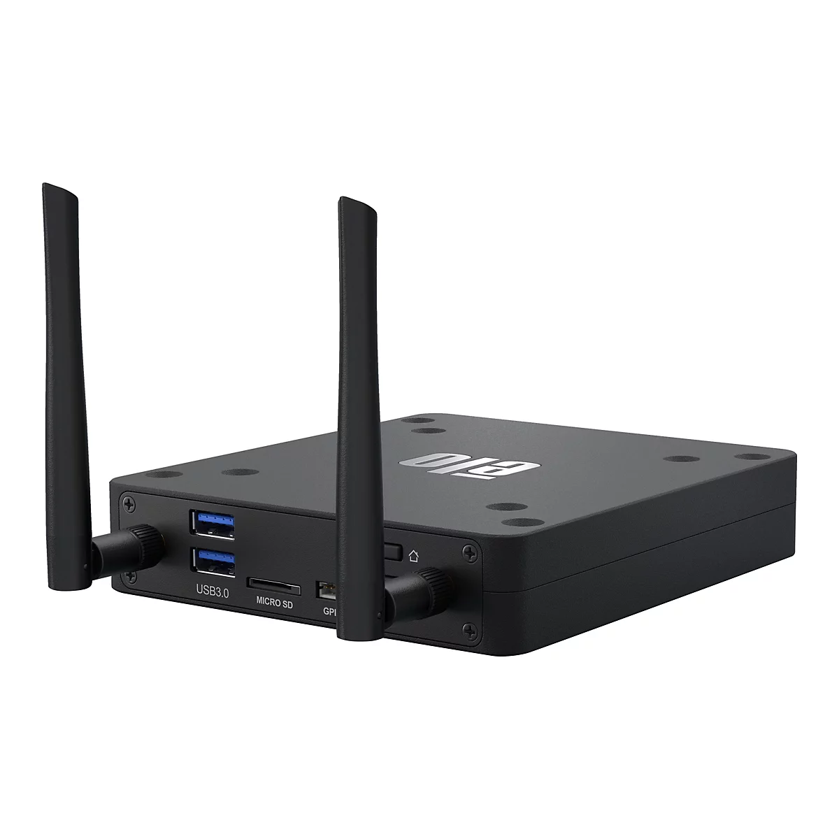 Schwarzer Mini-Computer mit zwei Antennen. Auf der Vorderseite: USB 3.0, Micro SD und GPI-Anschlüsse.