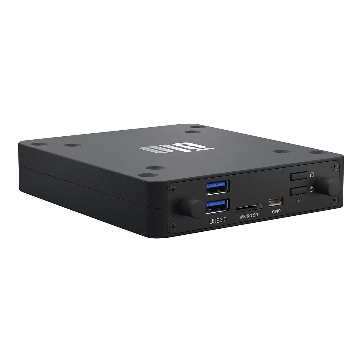 Schwarze, rechteckige Elektronikbox, Text USB3.0, Micro SD, GPIO. Drehknöpfe und Anschlüsse.