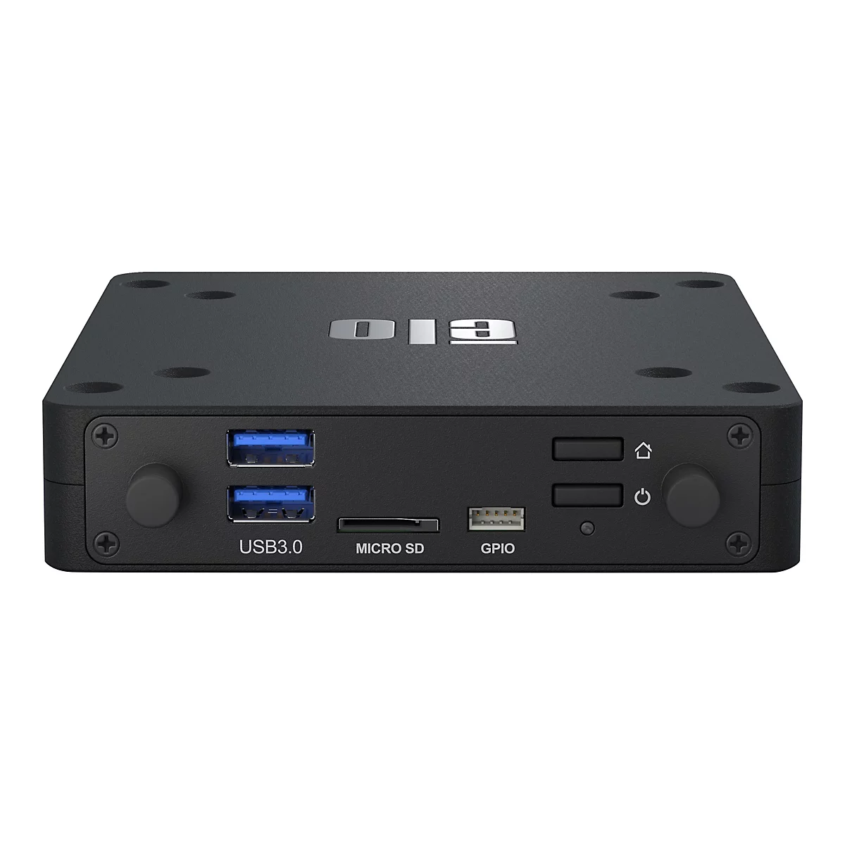 Schwarze, rechteckige Set-Top-Box mit Logo 'DIA', USB- und Micro-SD-Anschlüssen. An- und Ausschalter.