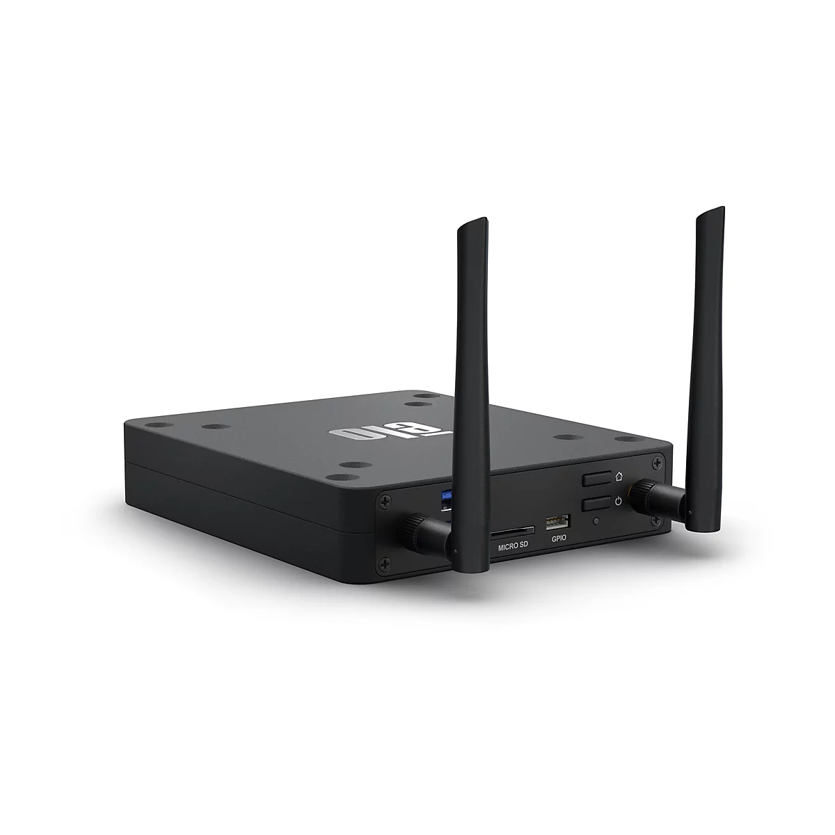 Schwarze Elo-Box mit zwei Antennen und Anschlüssen wie Micro SD und GPIO auf weißem Hintergrund.