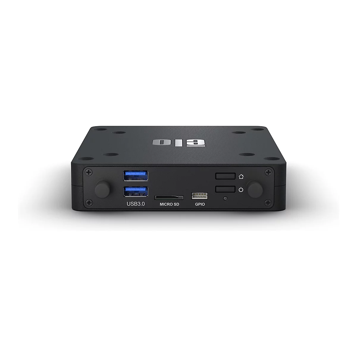 Schwarze Elo Compute Engine mit Anschlüssen für USB 3.0, Micro SD und GPIO auf weißem Hintergrund.