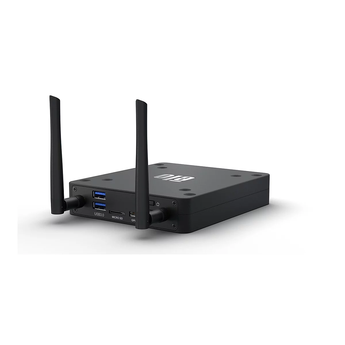 Schwarze Elo Computer Box mit zwei Antennen und diversen Anschlüssen auf weißem Hintergrund.
