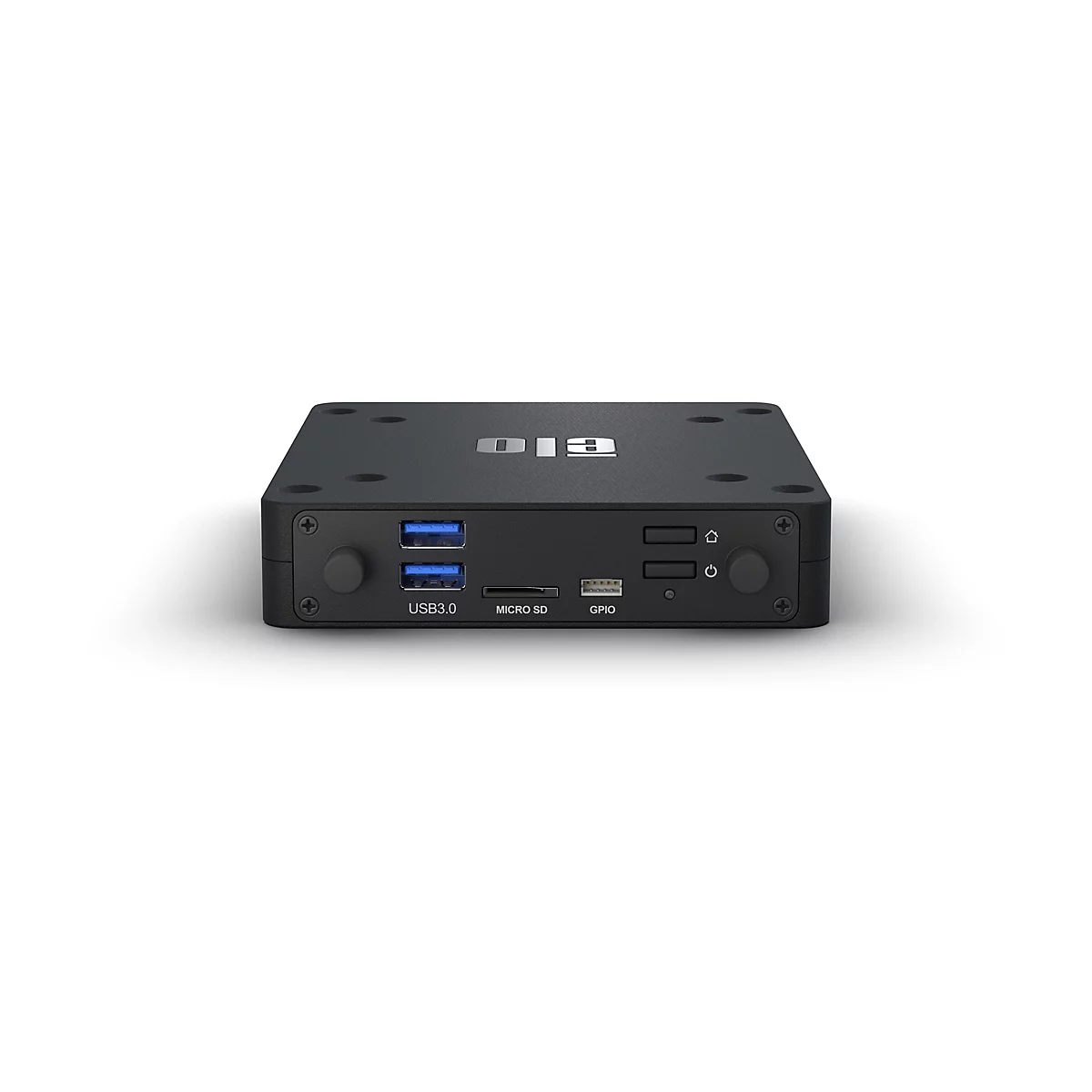 Schwarze Elo Computer-Einheit mit USB 3.0, Micro SD- und GPIO-Anschlüssen auf weißem Hintergrund.